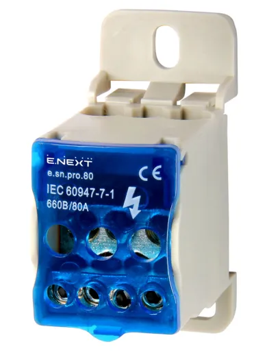 Розподільчий блок E.NEXT p0680001 e.sn.pro. 80 на DIN-рейку 80А (вхід 1x6-16мм², вихід 4x2.5-6мм², 2x2.5-16мм²)