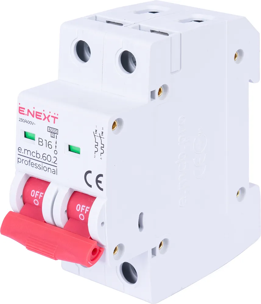 Модульний автоматичний вимикач E.NEXT p041017 e.mcb.pro.60.2.B 16 new, 2-полюсний, 16А, характеристика B, 6кА