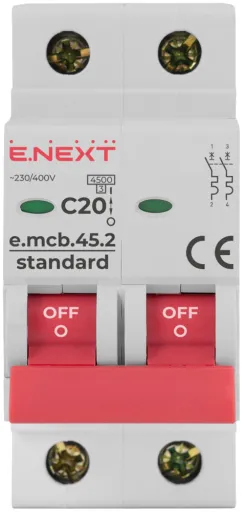 Модульний автоматичний вимикач E.NEXT s002018, 2р, 20А, C, 4,5 кА 2