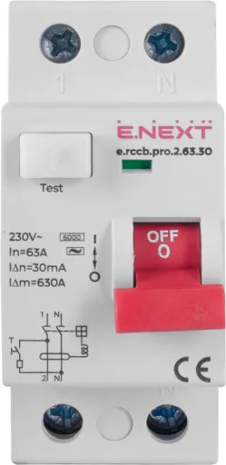Вимикач диференційного струму e.rccb.pro.2.63.30 (E.NEXT p003006) - 2-полюсний, 63А, 30мА 2