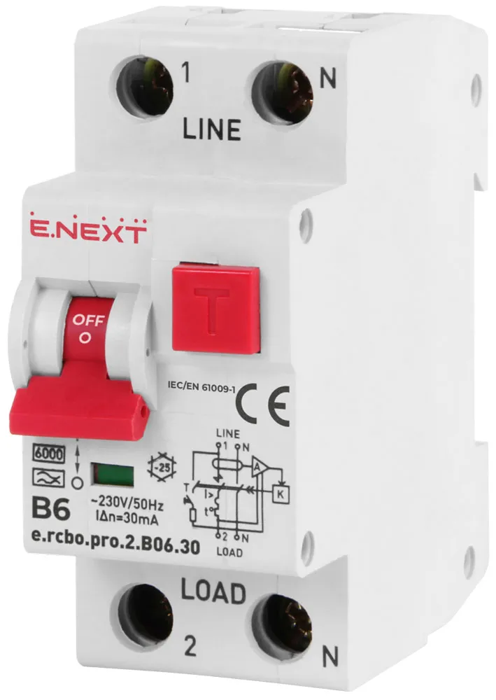 Вимикач диференційного струму з захистом від надструмів E.NEXT p0720004, 1P+N, 6А, В, тип А, 30мА