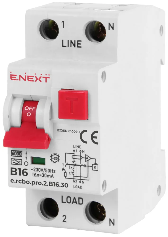 Вимикач диференційного струму з захистом від надструмів e.rcbo.pro.2.B16.30, 1P+N, 16А, В, тип А, 30мА E.NEXT p0720006