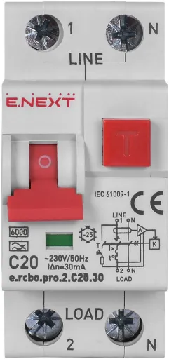 Диференційний автоматичний вимикач E.NEXT p0720027 з захистом від надструмів, 1P+N, 20А, характеристика C, тип А, 30мА 2