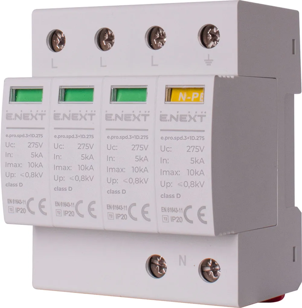 Пристрій захисту від імпульсних перенапруг E.NEXT p076018 e.pro.spd.3+1D.275, 3P+NPE, клас D