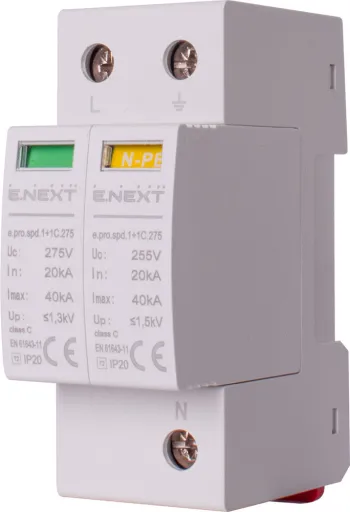 Пристрій для захисту від імпульсних перенапруг p076015 E.NEXT, e.pro.spd.1+1C.275, 1P+NPE, клас С