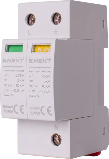 Пристрій для захисту від імпульсних перенапруг e.pro.spd.1+1D.275, 1P+NPE, клас D E.NEXT p076017