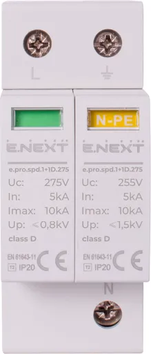 Пристрій для захисту від імпульсних перенапруг e.pro.spd.1+1D.275, 1P+NPE, клас D E.NEXT p076017 2
