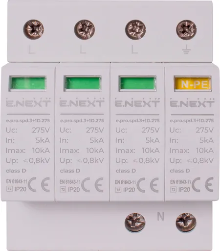 Пристрій захисту від імпульсних перенапруг E.NEXT p076018 e.pro.spd.3+1D.275, 3P+NPE, клас D 2
