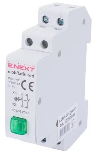 Кнопка з індикатором та фіксатором на DIN-рейку E.NEXT i0790006, зелена