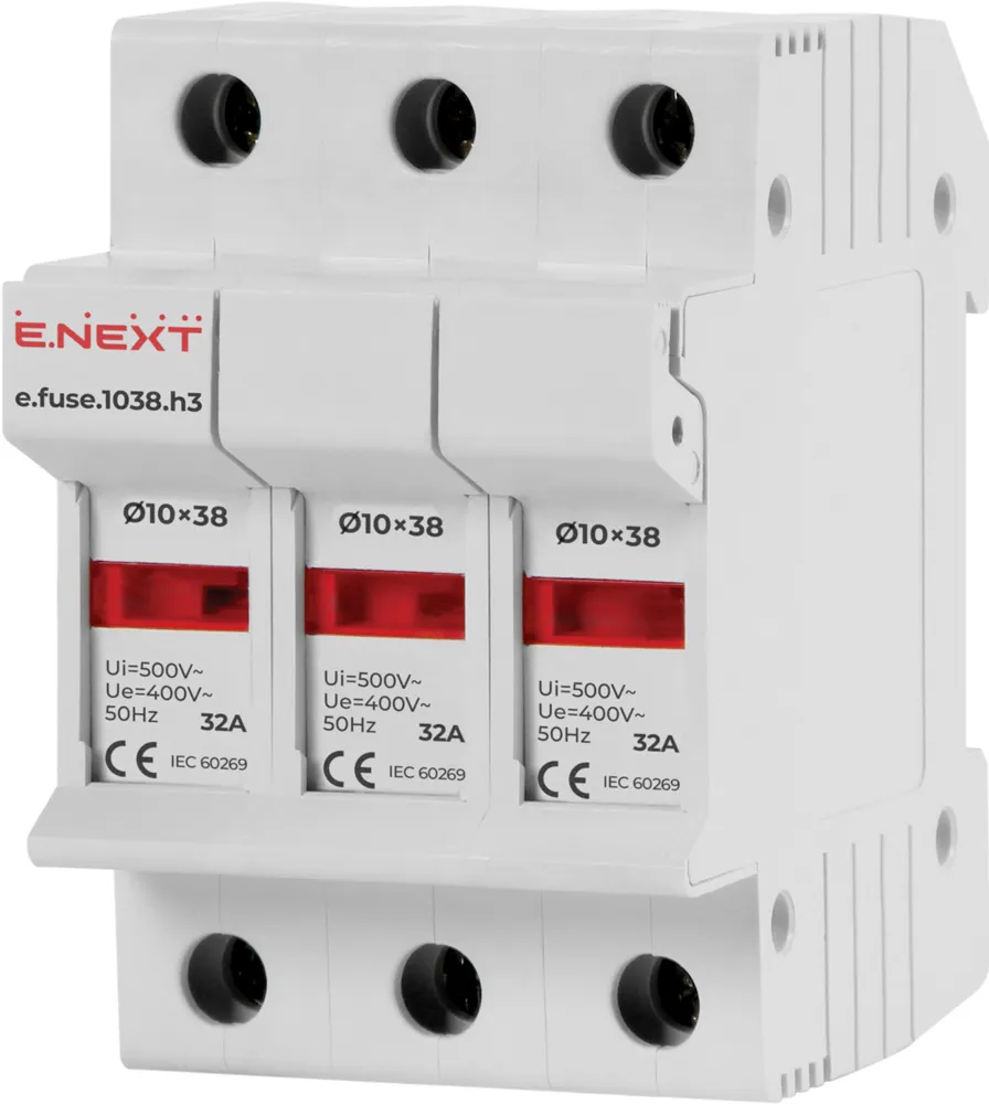 Утримувач запобіжника на Дін-рейку i0300003 E.NEXT, під запобіжник 10х38, 3р, 32А
