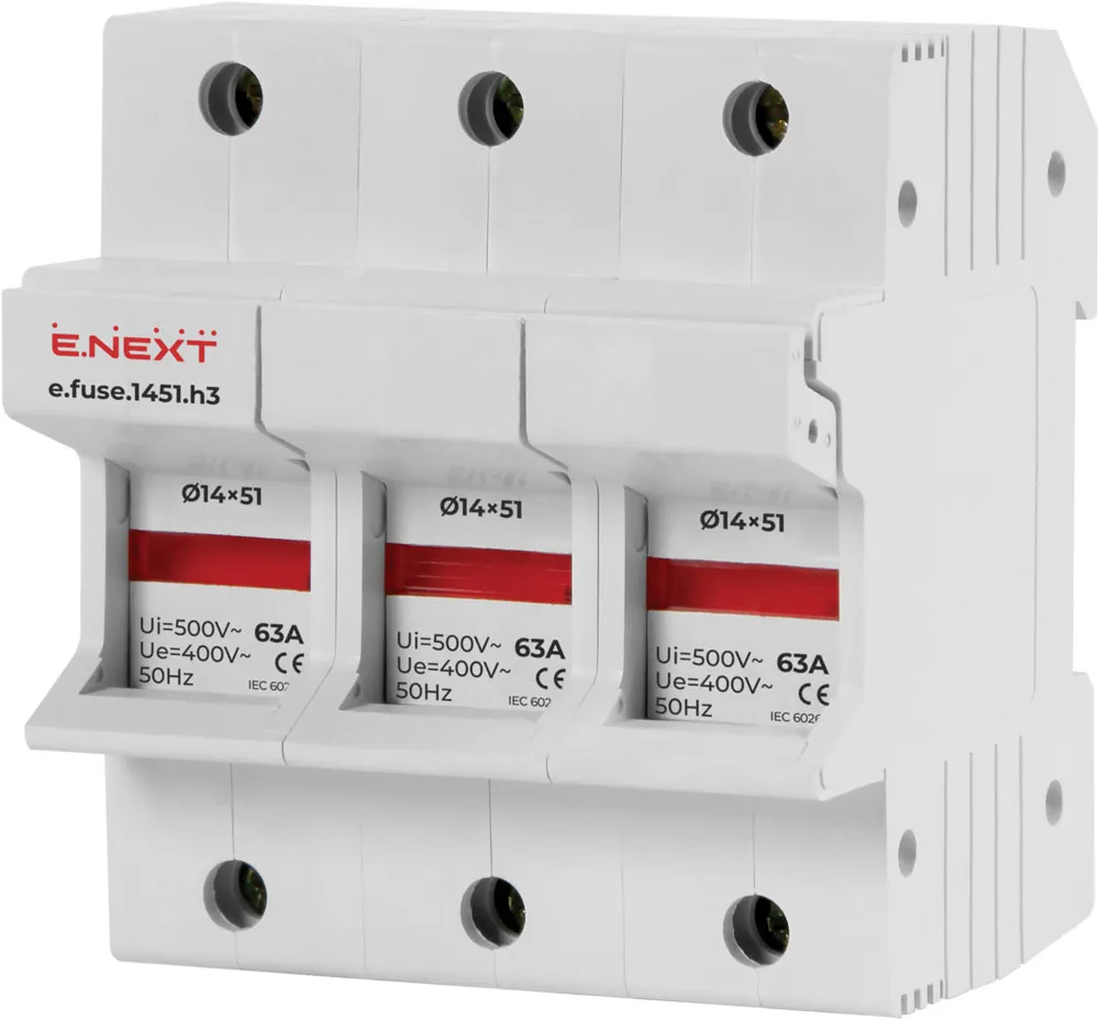 Утримувач запобіжника e.fuse.1451.h3 (i0300006) E.NEXT на DIN-рейку, 3-полюсний, під запобіжник 14х51, 63А