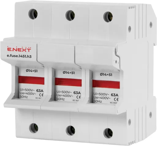 Утримувач запобіжника e.fuse.1451.h3 (i0300006) E.NEXT на DIN-рейку, 3-полюсний, під запобіжник 14х51, 63А